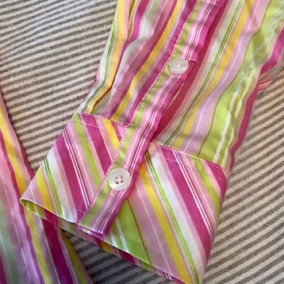 Lilly Pulitzer Striped Button Down Cuffed Shirt Size 6 Hot Pink Green Vintage - Picture 9 of 17